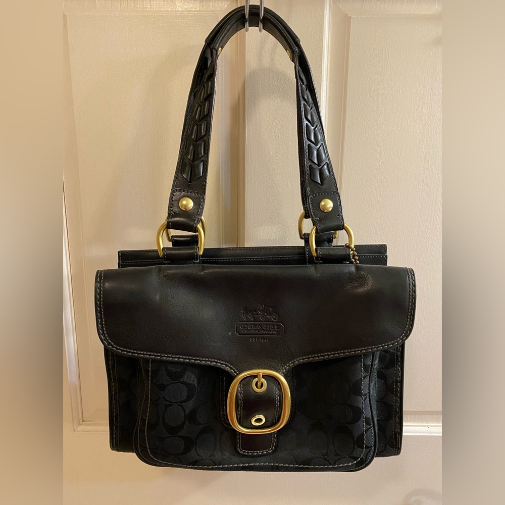 COACH vintage Bleeker 11435 signature canvas & leather flap shoulder bag - black